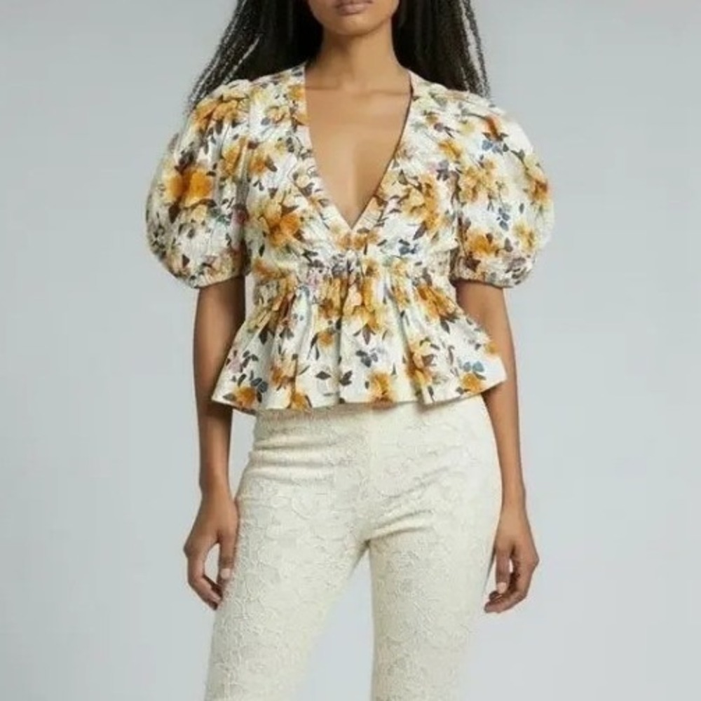 Abercrombie & Fitch Floral Linen Blend Peplum Babydoll Top Womens S Puff Sleeve‎